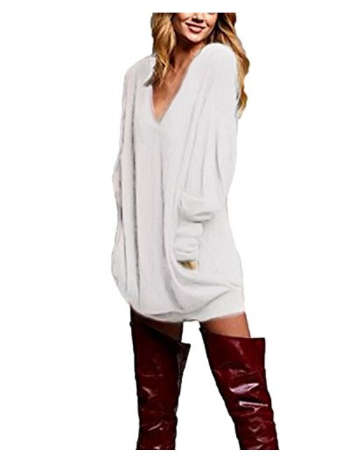 ZANZEA Women's V Neck Long Sleeve Loose Baggy Jumper Tunic Tops Mini Dress Pullover