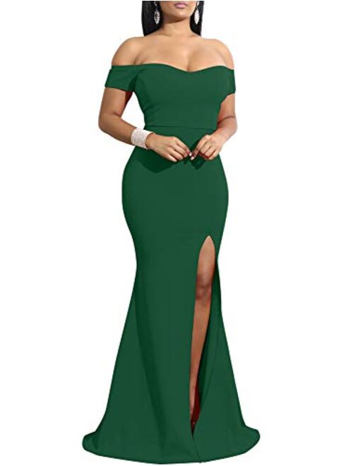 YMDUCH Off Shoulder Thigh High Slit Long Evening Party Bodycon Dress