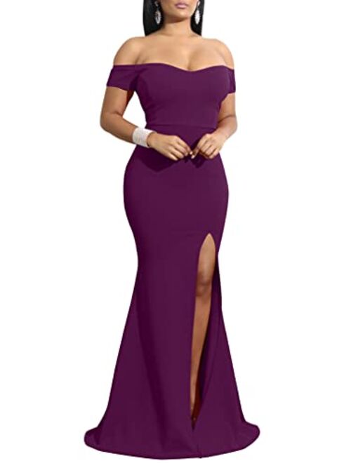 YMDUCH Off Shoulder Thigh High Slit Long Evening Party Bodycon Dress