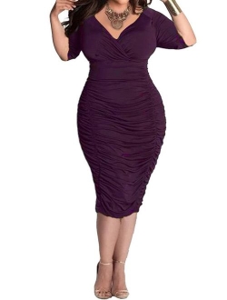 POSESHE Womens Plus Size Deep V Neck Wrap Ruched Waisted Bodycon Dress