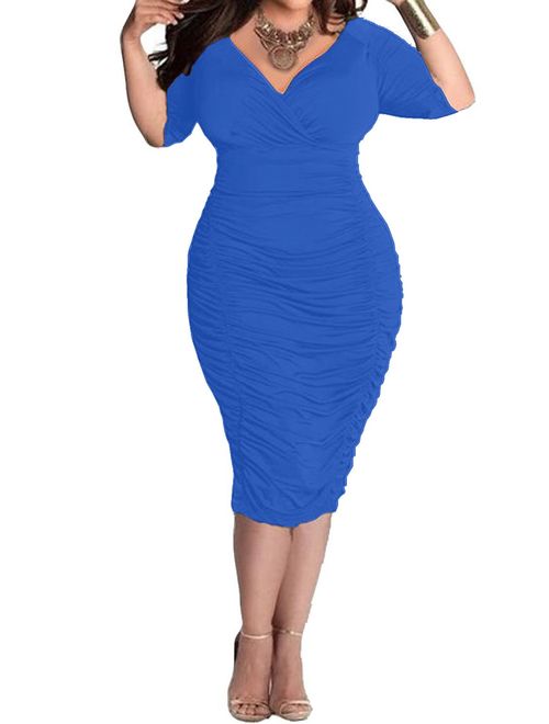 POSESHE Womens Plus Size Deep V Neck Wrap Ruched Waisted Bodycon Dress