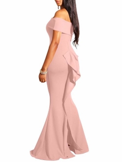 Women Elegant Back Ruffles Sexy Off Shoulder Gown Maxi Evening Party Mermaid Dress