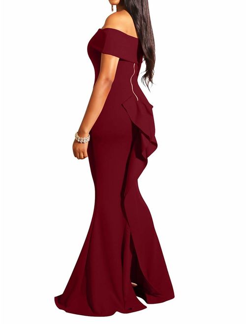 LAGSHIAN Women Elegant Back Ruffles Sexy Off Shoulder Gown Maxi Evening Party Mermaid Dress