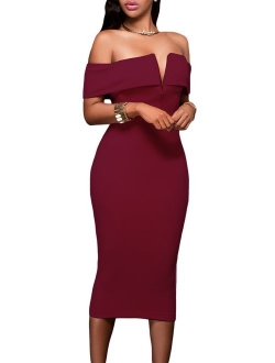 AlvaQ Women's Sexy V Neck Off The Shoulder Evening Bodycon Club Midi Dress