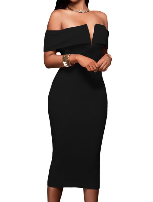 AlvaQ Women's Sexy V Neck Off The Shoulder Evening Bodycon Club Midi Dress