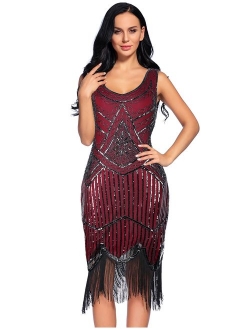 Women's Vintage 1920s Fringed Gatsby Sequin Beaded Embellished  Tassels Hem Flapper Dress