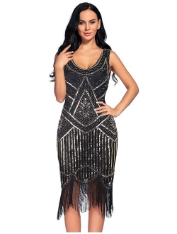 Women's Vintage 1920s Fringed Gatsby Sequin Beaded Embellished  Tassels Hem Flapper Dress