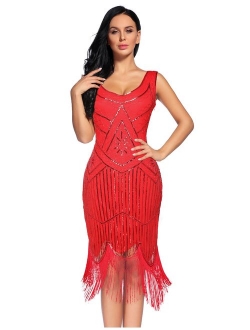 Women's Vintage 1920s Fringed Gatsby Sequin Beaded Embellished  Tassels Hem Flapper Dress