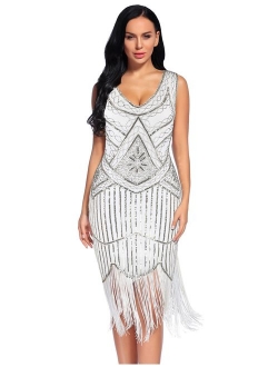 Women's Vintage 1920s Fringed Gatsby Sequin Beaded Embellished  Tassels Hem Flapper Dress