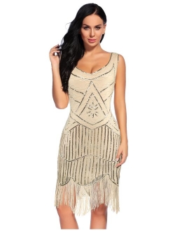 Women's Vintage 1920s Fringed Gatsby Sequin Beaded Embellished  Tassels Hem Flapper Dress