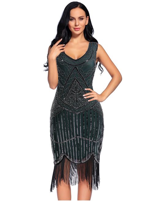 Women's Vintage 1920s Fringed Gatsby Sequin Beaded Embellished  Tassels Hem Flapper Dress