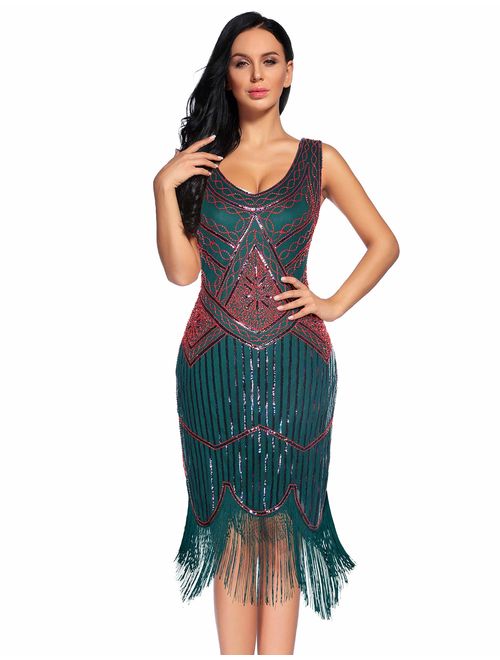 Women's Vintage 1920s Fringed Gatsby Sequin Beaded Embellished  Tassels Hem Flapper Dress