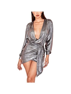 Ophestin Womens Sexy Deep V Neck Metallic Glitter Ruched Long Sleeve Party Dress