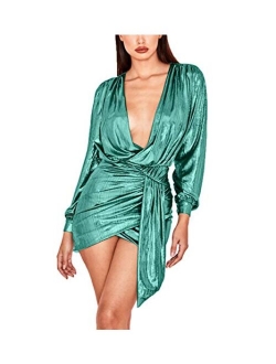 Ophestin Womens Sexy Deep V Neck Metallic Glitter Ruched Long Sleeve Party Dress