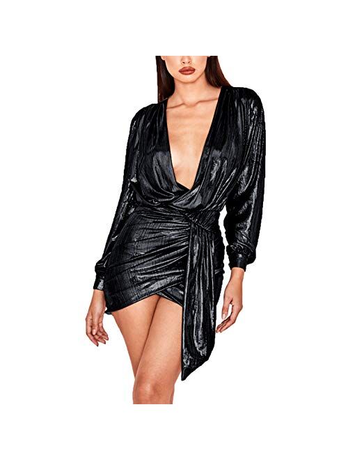 Ophestin Womens Sexy Deep V Neck Metallic Glitter Ruched Long Sleeve Party Dress