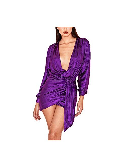 Ophestin Womens Sexy Deep V Neck Metallic Glitter Ruched Long Sleeve Party Dress