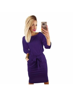 Longwu Women's Elegant Long Sleeve Lantern Sleeve Wear to Work Casual Pencil Dress with Belt