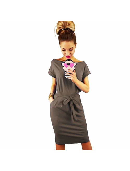 Longwu Women's Elegant Long Sleeve Lantern Sleeve Wear to Work Casual Pencil Dress with Belt