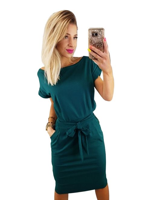 Longwu Women's Elegant Long Sleeve Lantern Sleeve Wear to Work Casual Pencil Dress with Belt