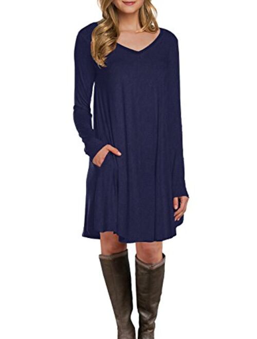 LILBETTER Women's Long Sleeve Pocket Casual Loose T-Shirt Dress