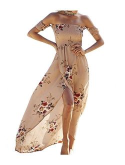 SVALIY Chiffon Floral Off The Shoulder High Slit Chiffon Maxi Beach Dresses Wedding Party