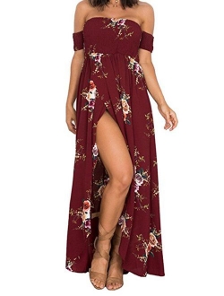 SVALIY Chiffon Floral Off The Shoulder High Slit Chiffon Maxi Beach Dresses Wedding Party