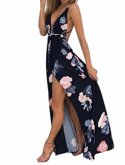 Sexy Chiffon Deep V Neck Backless Floral Print High Side Slit Maxi Party Dress