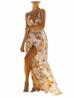 Sexy Chiffon Deep V Neck Backless Floral Print High Side Slit Maxi Party Dress