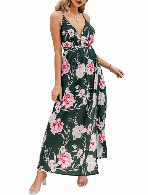 BerryGo Sexy Chiffon Deep V Neck Backless Floral Print High Side Slit Maxi Party Dress
