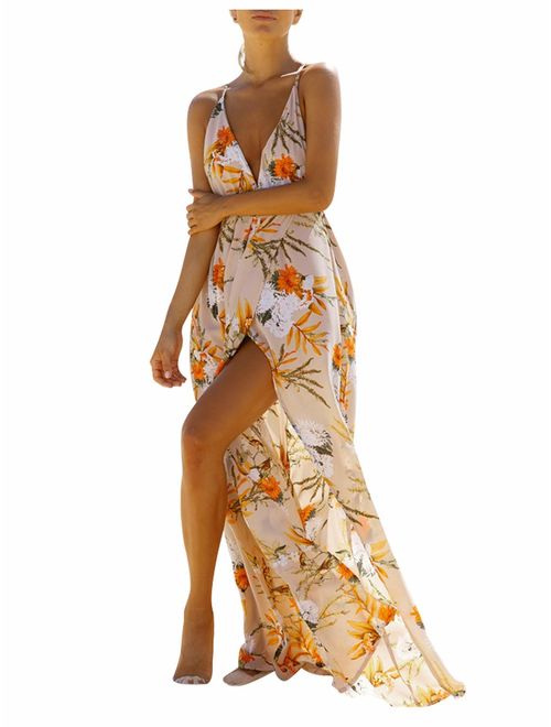 BerryGo Sexy Chiffon Deep V Neck Backless Floral Print High Side Slit Maxi Party Dress