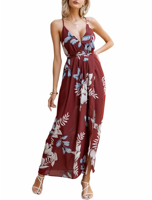 BerryGo Sexy Chiffon Deep V Neck Backless Floral Print High Side Slit Maxi Party Dress