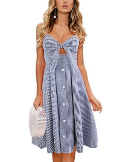 ECOWISH Womens Dresses Summer Tie Front V-Neck Spaghetti Strap Button Down A-Line Backless Swing Midi Dress