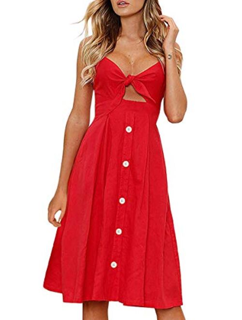 ECOWISH Womens Dresses Summer Tie Front V-Neck Spaghetti Strap Button Down A-Line Backless Swing Midi Dress