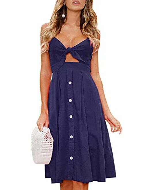 ECOWISH Womens Dresses Summer Tie Front V-Neck Spaghetti Strap Button Down A-Line Backless Swing Midi Dress