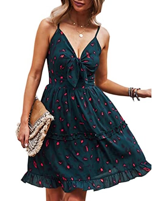 ECOWISH Womens Dresses Summer Tie Front V-Neck Spaghetti Strap Button Down A-Line Backless Swing Midi Dress