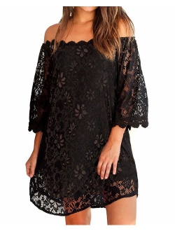 ZANZEA Women's Sexy Off Shoulder Chiffon Lace Ruffle Sleeve Blouse Mini Dress