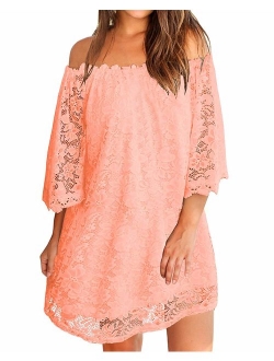 ZANZEA Women's Sexy Off Shoulder Chiffon Lace Ruffle Sleeve Blouse Mini Dress