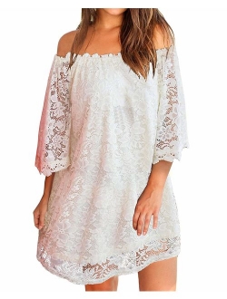 ZANZEA Women's Sexy Off Shoulder Chiffon Lace Ruffle Sleeve Blouse Mini Dress