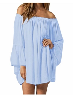 ZANZEA Women's Sexy Off Shoulder Chiffon Lace Ruffle Sleeve Blouse Mini Dress