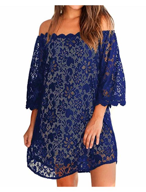 ZANZEA Women's Sexy Off Shoulder Chiffon Lace Ruffle Sleeve Blouse Mini Dress