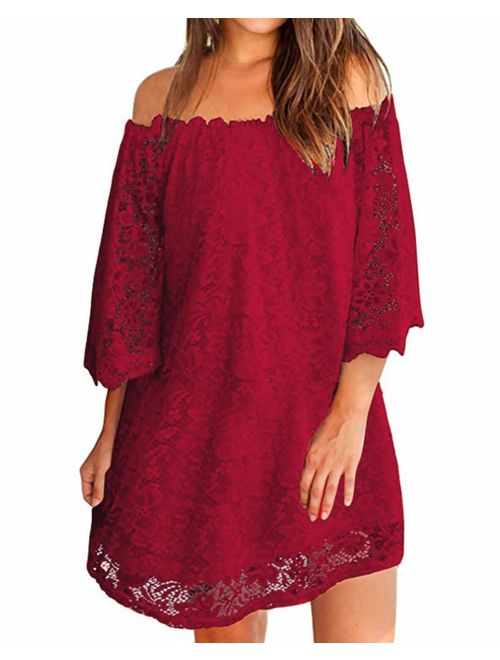 ZANZEA Women's Sexy Off Shoulder Chiffon Lace Ruffle Sleeve Blouse Mini Dress