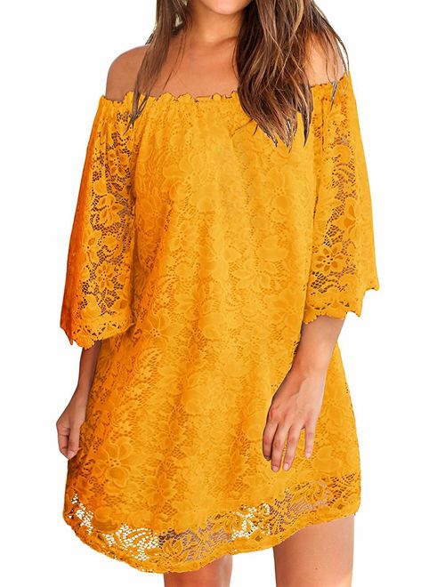 ZANZEA Women's Sexy Off Shoulder Chiffon Lace Ruffle Sleeve Blouse Mini Dress