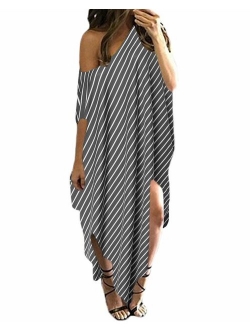 Kidsform Women Maxi Dress Striped Long Dresses Casual Loose Kaftan Oversized Round Neck Sundress