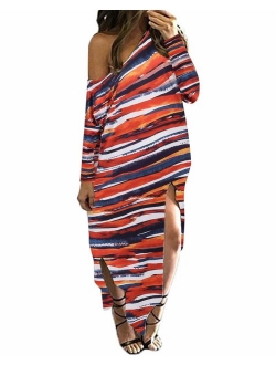 Kidsform Women Maxi Dress Striped Long Dresses Casual Loose Kaftan Oversized Round Neck Sundress