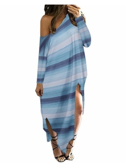 Kidsform Women Maxi Dress Striped Long Dresses Casual Loose Kaftan Oversized Round Neck Sundress