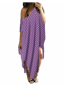 Kidsform Women Maxi Dress Striped Long Dresses Casual Loose Kaftan Oversized Round Neck Sundress