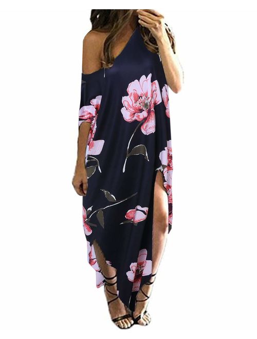 Kidsform Women Maxi Dress Striped Long Dresses Casual Loose Kaftan Oversized Round Neck Sundress