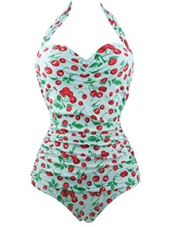 COCOSHIP Women's 50s Retro Floral Swimsuit Ruching One Piece Vintage Swimwear Pin Up Monokinis(FBA)