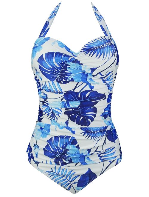 Buy COCOSHIP Women's 50s Retro Floral Swimsuit Ruching One Piece ...