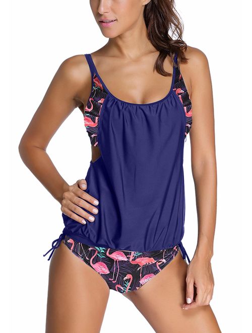 Sidefeel Women Tribal Printed Tankini with Boyshort Bikini Set